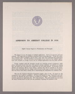 Thumbnail for Amherst College annual report to secondary schools and report on admission to Amherst College, 1954 - Image 1