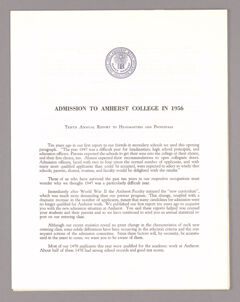 Thumbnail for Amherst College annual report to secondary schools and report on admission to Amherst College, 1956 - Image 1