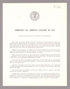 Thumbnail for Amherst College annual report to secondary schools and report on admission to Amherst College, 1957 - Image 1