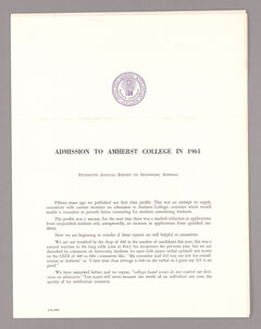 Thumbnail for Amherst College annual report to secondary schools and report on admission to Amherst College, 1961 - Image 1