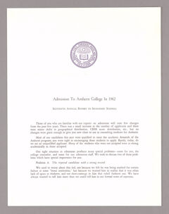 Thumbnail for Amherst College annual report to secondary schools and report on admission to Amherst College, 1962 - Image 1